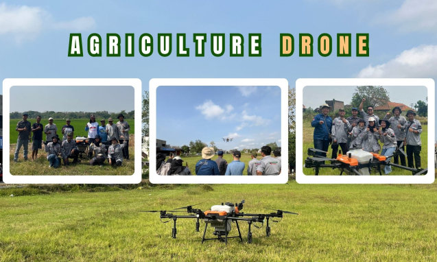 Drone sprayer untuk pertanian modern di lahan pertanian bersama tim Gama Agro Sejati